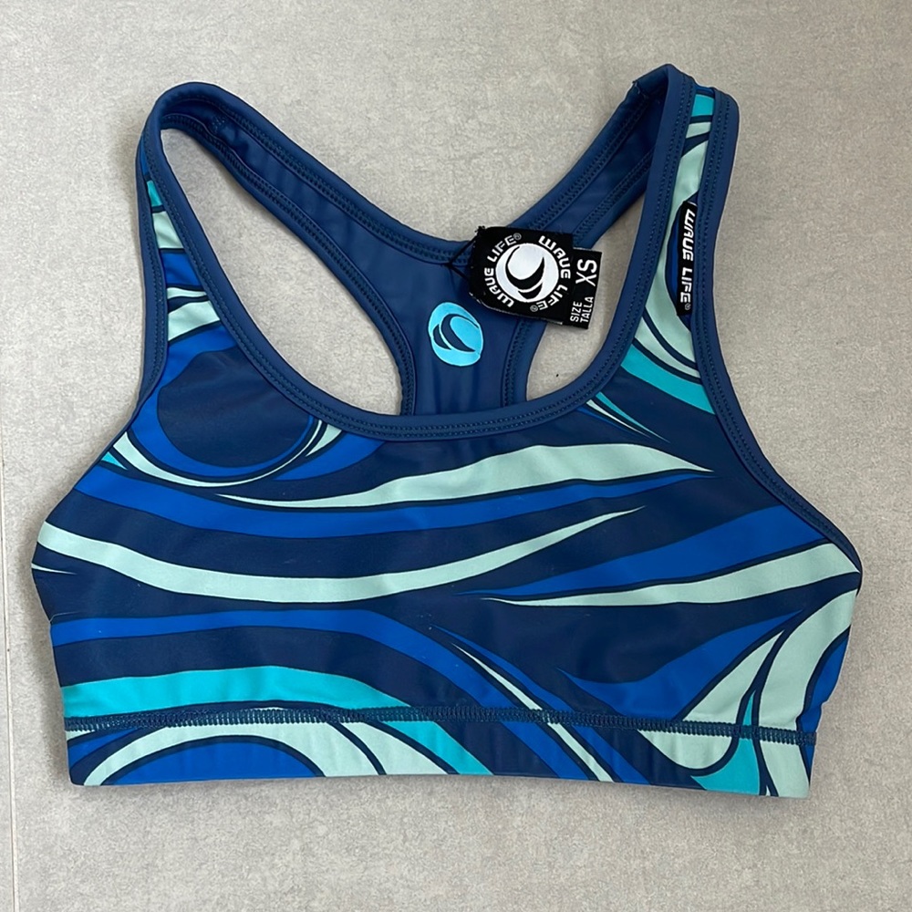 WAVE LIFE XS REVERSIBLE SPORT BRA SOLID BLUE AQUA SPRAY SWIRL PRINT SPORT BRA